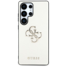 „Guess“ grūdėtas didelis 4G logotipas mažas klasikinis logotipo dėklas, skirtas „Samsung Galaxy S25 Ultra“, smėlio spalv...