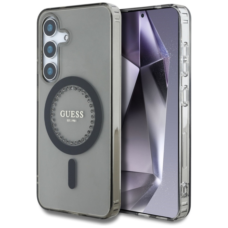 „Guess“ klasikinis „MagSafe“ dėklas „Samsung Galaxy S25“ su cirkonių spauda ir logotipu, juodas