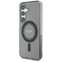 „Guess“ klasikinis „MagSafe“ dėklas „Samsung Galaxy S25“ su cirkonių spauda ir logotipu, juodas