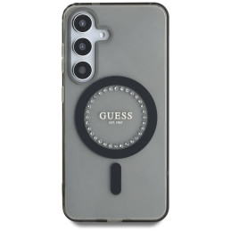 „Guess“ klasikinis „MagSafe“ dėklas „Samsung Galaxy S25“ su cirkonių spauda ir logotipu, juodas