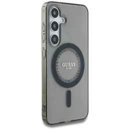 „Guess“ klasikinis „MagSafe“ dėklas „Samsung Galaxy S25“ su cirkonių spauda ir logotipu, juodas
