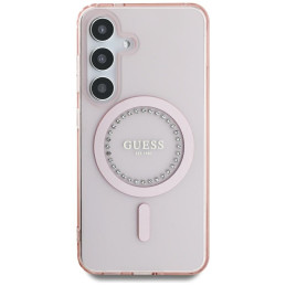 „Guess“ klasikinis „MagSafe“ dėklas su cirkoniais ir logotipu, „Samsung Galaxy S25“, rožinis