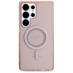 „Guess“ klasikinis „MagSafe“ dėklas su cirkoniais ir logotipu, „Samsung Galaxy S25 Ultra“, rožinis
