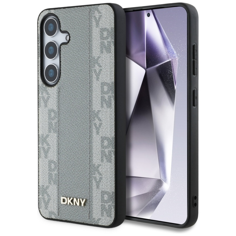 DKNY odinis languoto rašto „MagSafe“ dėklas, skirtas „Samsung Galaxy S25“, pilkšvas