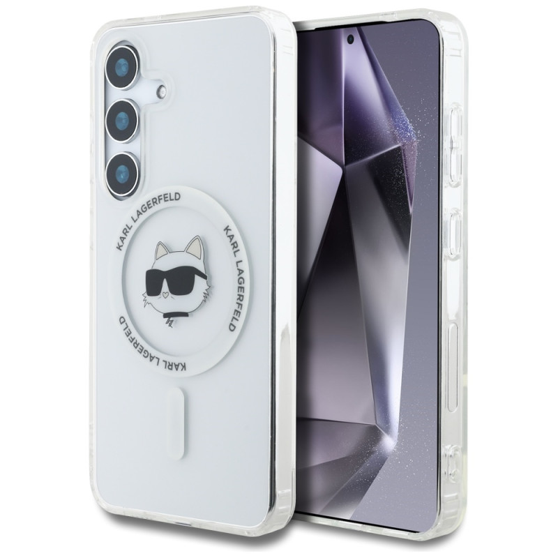 Karl Lagerfeld dėklas su mygtuku „Choupette“ galvutės atspaudu, „MagSafe“ logotipu, „Samsung Galaxy S25“, baltas