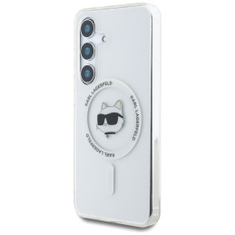 Karl Lagerfeld dėklas su mygtuku „Choupette“ galvutės atspaudu, „MagSafe“ logotipu, „Samsung Galaxy S25 Plus“, baltas