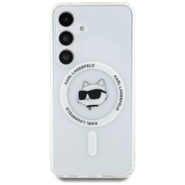 Karl Lagerfeld dėklas su mygtuku „Choupette“ galvutės atspaudu, „MagSafe“ logotipu, „Samsung Galaxy S25 Plus“, baltas