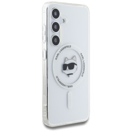 Karl Lagerfeld dėklas su mygtuku „Choupette“ galvutės atspaudu, „MagSafe“ logotipu, „Samsung Galaxy S25 Plus“, baltas
