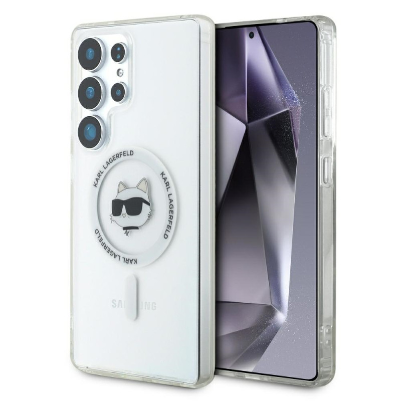 Karl Lagerfeld dėklas su mygtuku „Choupette Head“ ir logotipu, „MagSafe“ Samsung Galaxy S25 Ultra, baltas