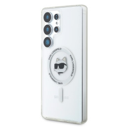 Karl Lagerfeld dėklas su mygtuku „Choupette Head“ ir logotipu, „MagSafe“ Samsung Galaxy S25 Ultra, baltas