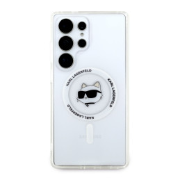 Karl Lagerfeld dėklas su mygtuku „Choupette Head“ ir logotipu, „MagSafe“ Samsung Galaxy S25 Ultra, baltas