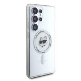 Karl Lagerfeld dėklas su mygtuku „Choupette Head“ ir logotipu, „MagSafe“ Samsung Galaxy S25 Ultra, baltas