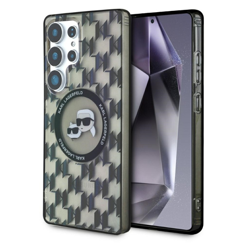 Karl Lagerfeld dėklas su mygtuku „Karl & Choupette Heads On KL“ raštu, „MagSafe Samsung Galaxy S25 Ultra“, juodas