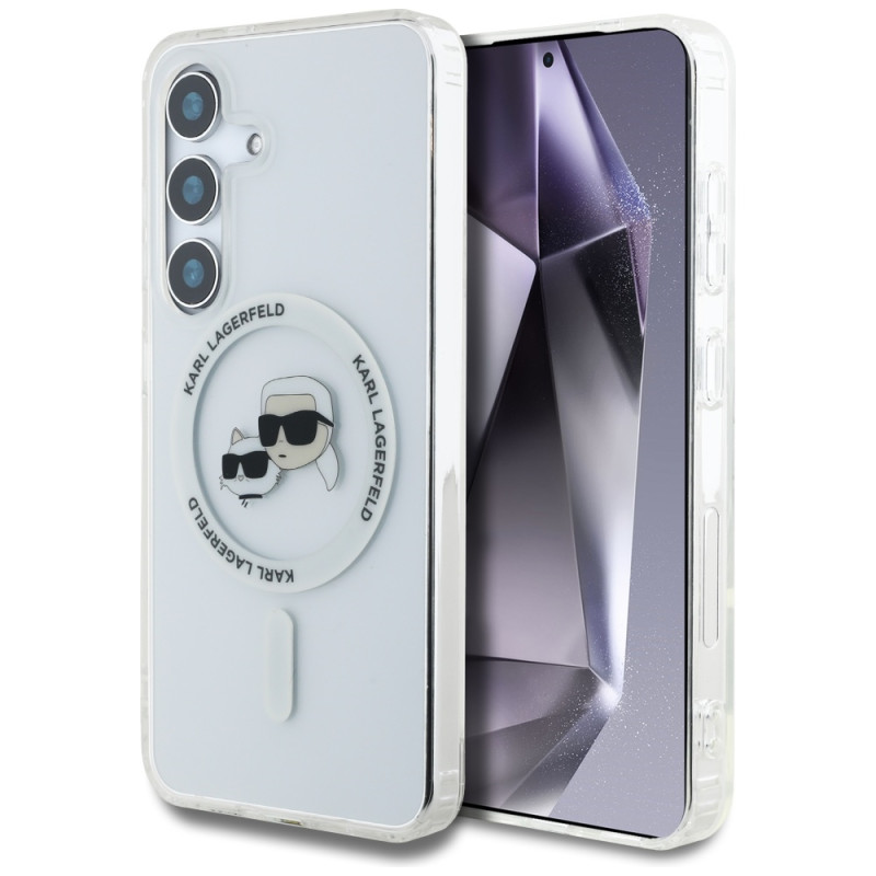 Karl Lagerfeld dėklas, skirtas Karl ir Choupette galvutėms, su spausdintu logotipu, MagSafe, Samsung Galaxy S25, baltas