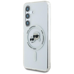 Karl Lagerfeld dėklas, skirtas Karl ir Choupette galvutėms, su spausdintu logotipu, MagSafe, Samsung Galaxy S25, baltas
