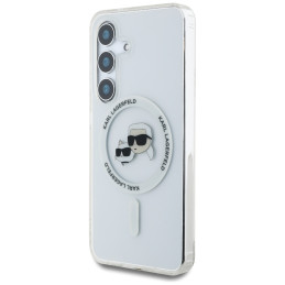 Karl Lagerfeld dėklas su mygtuku, Karl ir Choupette galvomis, spausdintu logotipu, MagSafe, Samsung Galaxy S25 Plus, bal...