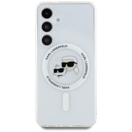 Karl Lagerfeld dėklas su mygtuku, Karl ir Choupette galvomis, spausdintu logotipu, MagSafe, Samsung Galaxy S25 Plus, bal...