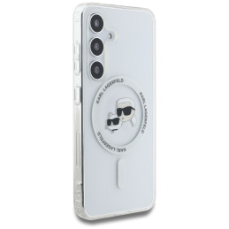 Karl Lagerfeld dėklas su mygtuku, Karl ir Choupette galvomis, spausdintu logotipu, MagSafe, Samsung Galaxy S25 Plus, bal...