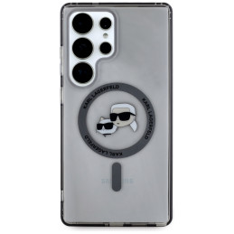 Karl Lagerfeld sagties Karl & Choupette galvų spausdintas logotipas MagSafe Samsung Galaxy S25 Ultra dėklas, juodas