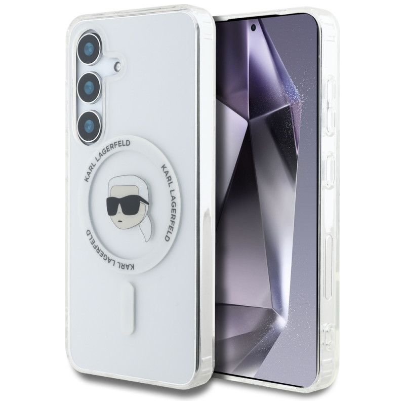 Karl Lagerfeld dėklas su mygtuku, Karlo galvos atspaudu ir MagSafe logotipu, Samsung Galaxy S25, baltas