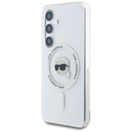 Karl Lagerfeld dėklas su mygtuku, Karlo galvos atspaudu ir MagSafe logotipu, Samsung Galaxy S25, baltas