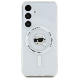 Karl Lagerfeld dėklas su mygtuku, Karlo galvos atspaudu ir MagSafe logotipu, Samsung Galaxy S25, baltas