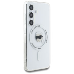 Karl Lagerfeld dėklas su mygtuku, Karlo galvos atspaudu ir MagSafe logotipu, Samsung Galaxy S25, baltas