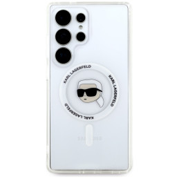 Karl Lagerfeld dėklas su mygtuku, Karlo galvos atspaudu ir MagSafe logotipu, Samsung Galaxy S25 Ultra, baltas