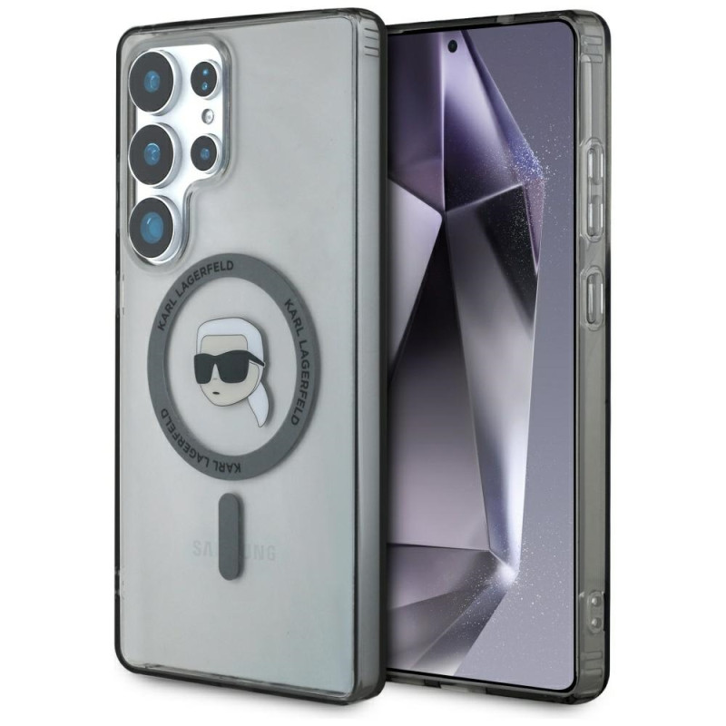 Karl Lagerfeld dėklas su mygtuku, Karlo galvutės atspaudu, MagSafe dėklas Samsung Galaxy S25 Ultra, juodas