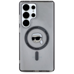 Karl Lagerfeld dėklas su mygtuku, Karlo galvutės atspaudu, MagSafe dėklas Samsung Galaxy S25 Ultra, juodas