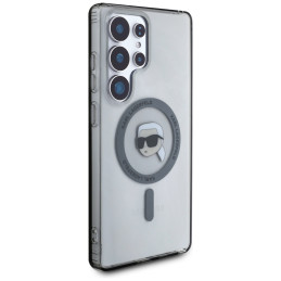 Karl Lagerfeld dėklas su mygtuku, Karlo galvutės atspaudu, MagSafe dėklas Samsung Galaxy S25 Ultra, juodas