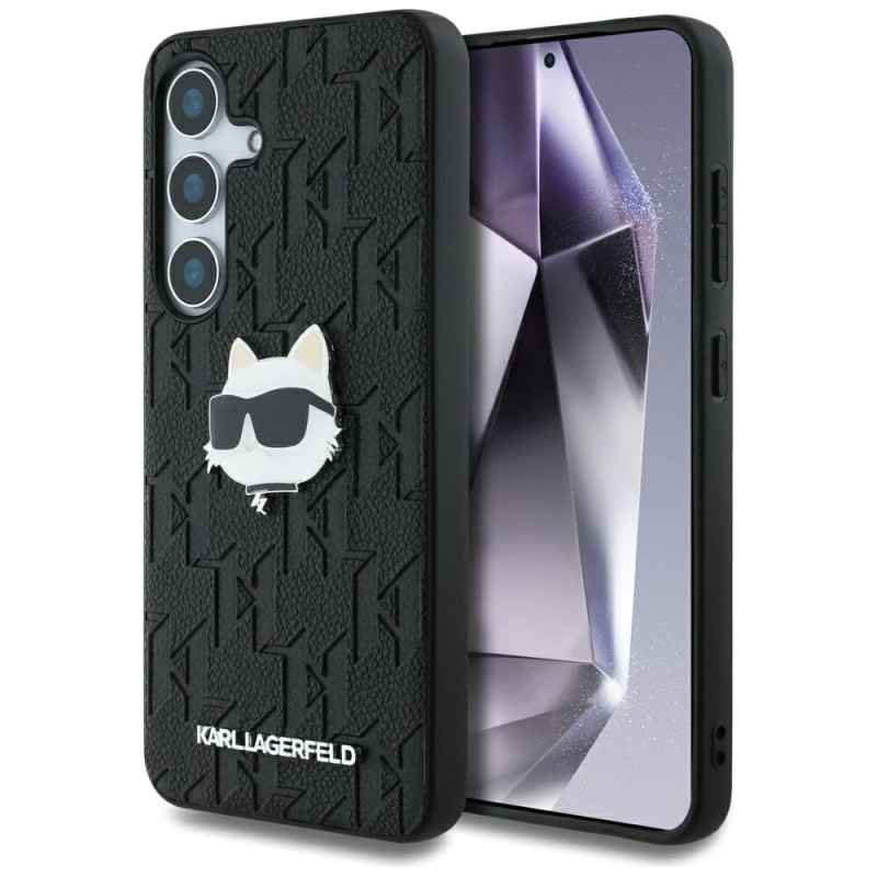 Karl Lagerfeld odinis monograminis segtukas su logotipu ir „Choupette Head“ dėklas Samsung Galaxy S25 telefonui, juodas