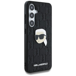 Karl Lagerfeld odinis monograminis segtukas su Karl Head logotipu Samsung Galaxy S25 dėklas, juodas