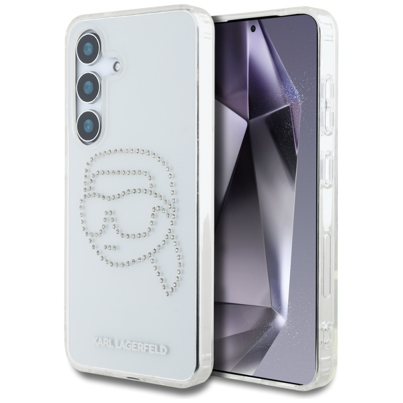 Karl Lagerfeld dėklas su cirkoniais ir Karlo galvos logotipu Samsung Galaxy S25, skaidrus