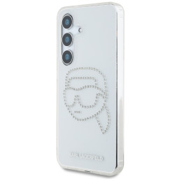 Karl Lagerfeld dėklas su cirkoniais ir Karlo galvos logotipu Samsung Galaxy S25, skaidrus