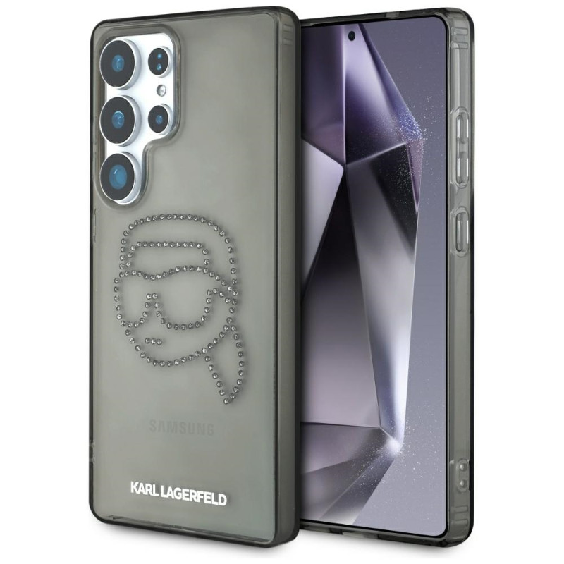 Karl Lagerfeld dėklas su cirkoniais, Karlo galvos logotipu, Samsung Galaxy S25 Ultra, juodas