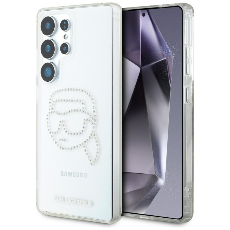 Karl Lagerfeld dėklas su cirkoniais ir Karlo galvos logotipu Samsung Galaxy S25 Ultra, skaidrus