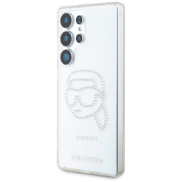 Karl Lagerfeld dėklas su cirkoniais ir Karlo galvos logotipu Samsung Galaxy S25 Ultra, skaidrus