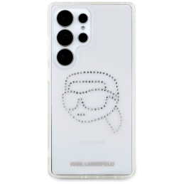 Karl Lagerfeld dėklas su cirkoniais ir Karlo galvos logotipu Samsung Galaxy S25 Ultra, skaidrus