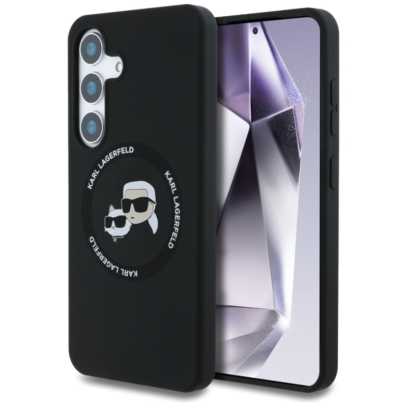 Karl Lagerfeld silikoninis dvigubų galvučių ir apskritimo formos MagSafe dėklas Samsung Galaxy S25, juodas