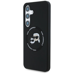 Karl Lagerfeld silikoninis dvigubų galvučių ir apskritimo formos MagSafe dėklas Samsung Galaxy S25, juodas