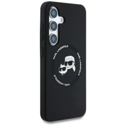Karl Lagerfeld silikoninis dvigubų galvučių ir apskritimo formos MagSafe dėklas Samsung Galaxy S25 Plus, juodas