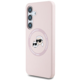 Karl Lagerfeld silikoninis dvigubų galvučių ir apskritimo formos „MagSafe“ dėklas „Samsung Galaxy S25 Plus“ rožinis
