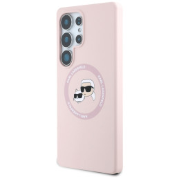 Karl Lagerfeld silikoninis dvigubų galvučių ir apskritimo formos „MagSafe“ dėklas „Samsung Galaxy S25 Ultra“, rožinis