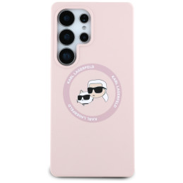 Karl Lagerfeld silikoninis dvigubų galvučių ir apskritimo formos „MagSafe“ dėklas „Samsung Galaxy S25 Ultra“, rožinis