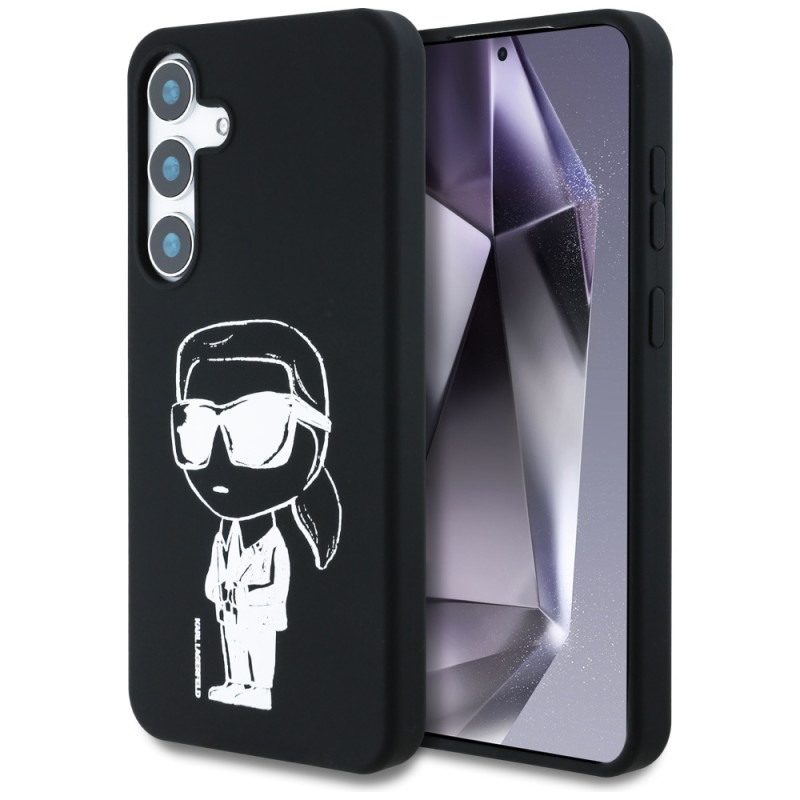 Karl Lagerfeld silikoninis dėklas, grafiti, Ikonik, spausdintas logotipas, MagSafe, Samsung Galaxy S25, juodas