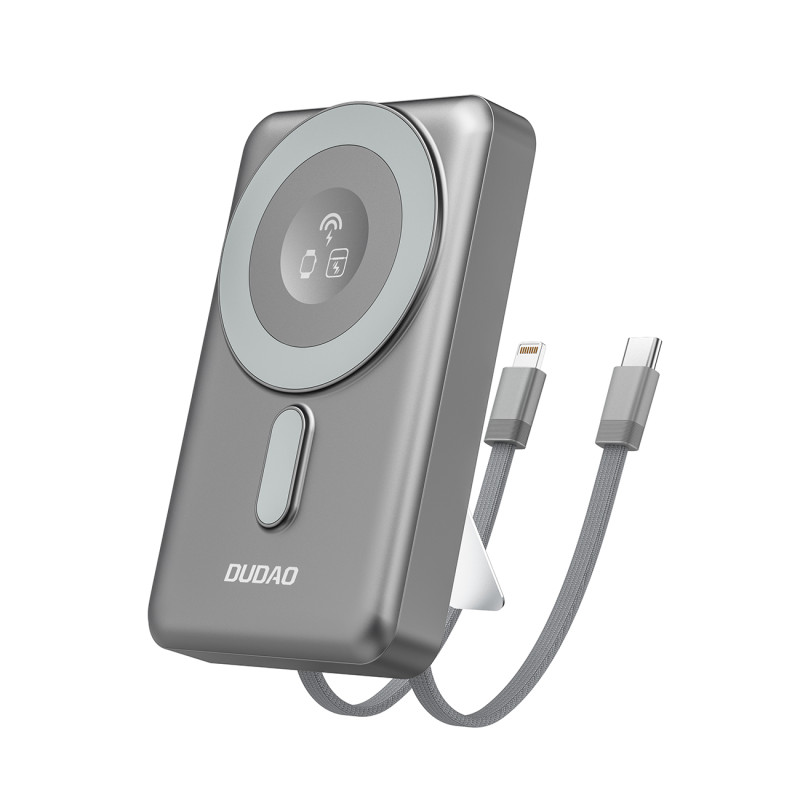 „Dudao K29 10000mAh PD 20W MagSafe“ išorinė baterija su metaliniu dėklu, stovu ir integruotais USB-C/ Lightning laidais ...