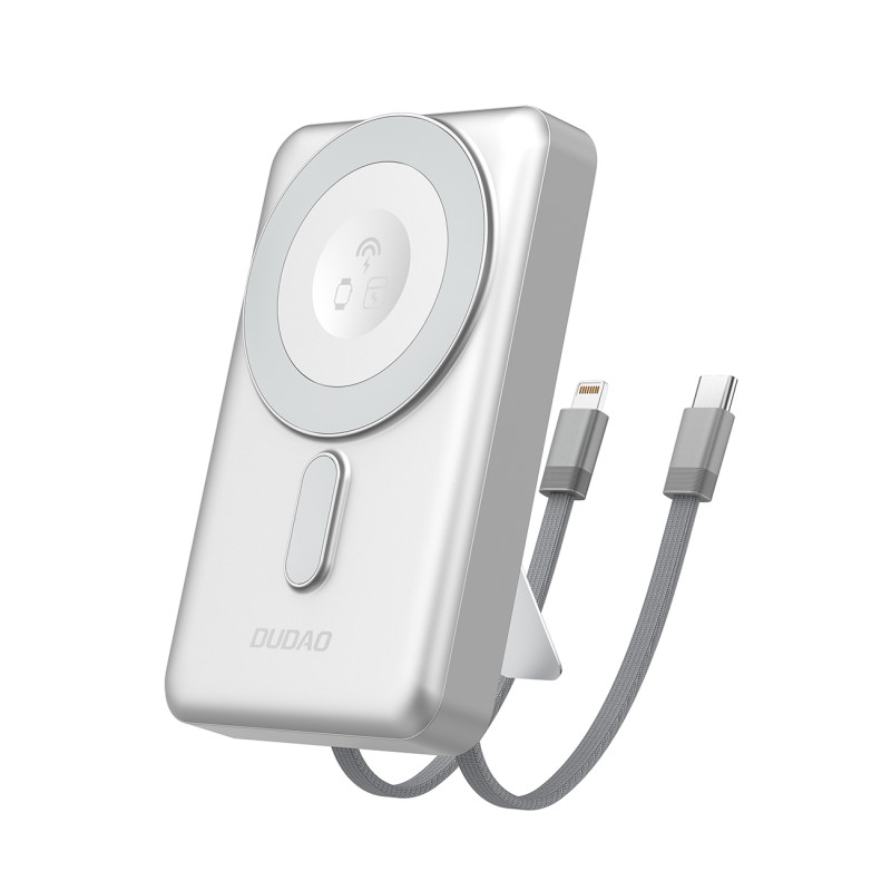 „Dudao K29“ 10000mAh PD 20W „MagSafe“ išorinė baterija su metaliniu dėklu, stovu ir integruotais USB-C/ Lightning laidai...