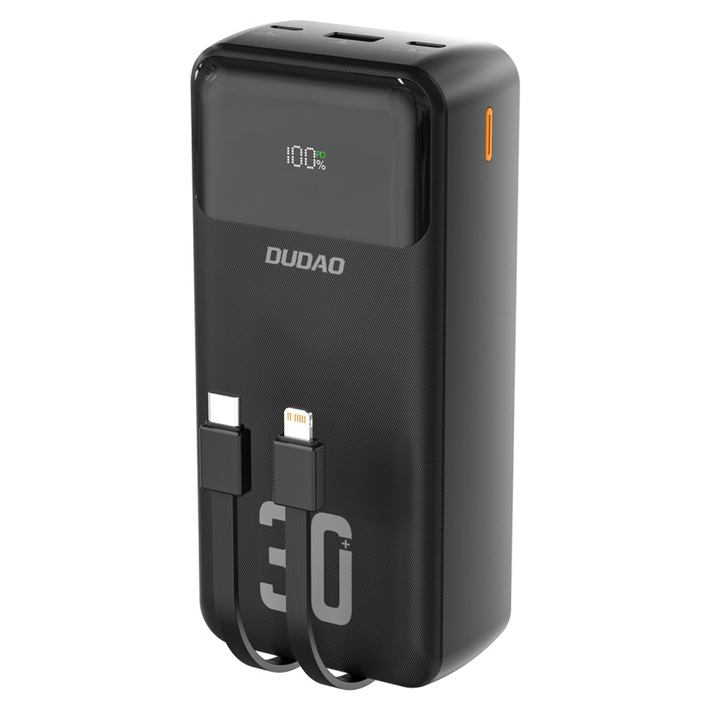 „Dudao K15MAX 30000mAh PD 22.5W“ išorinė baterija su įmontuotais laidais – juoda