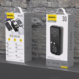 „Dudao K15MAX 30000mAh PD 22.5W“ išorinė baterija su įmontuotais laidais – juoda